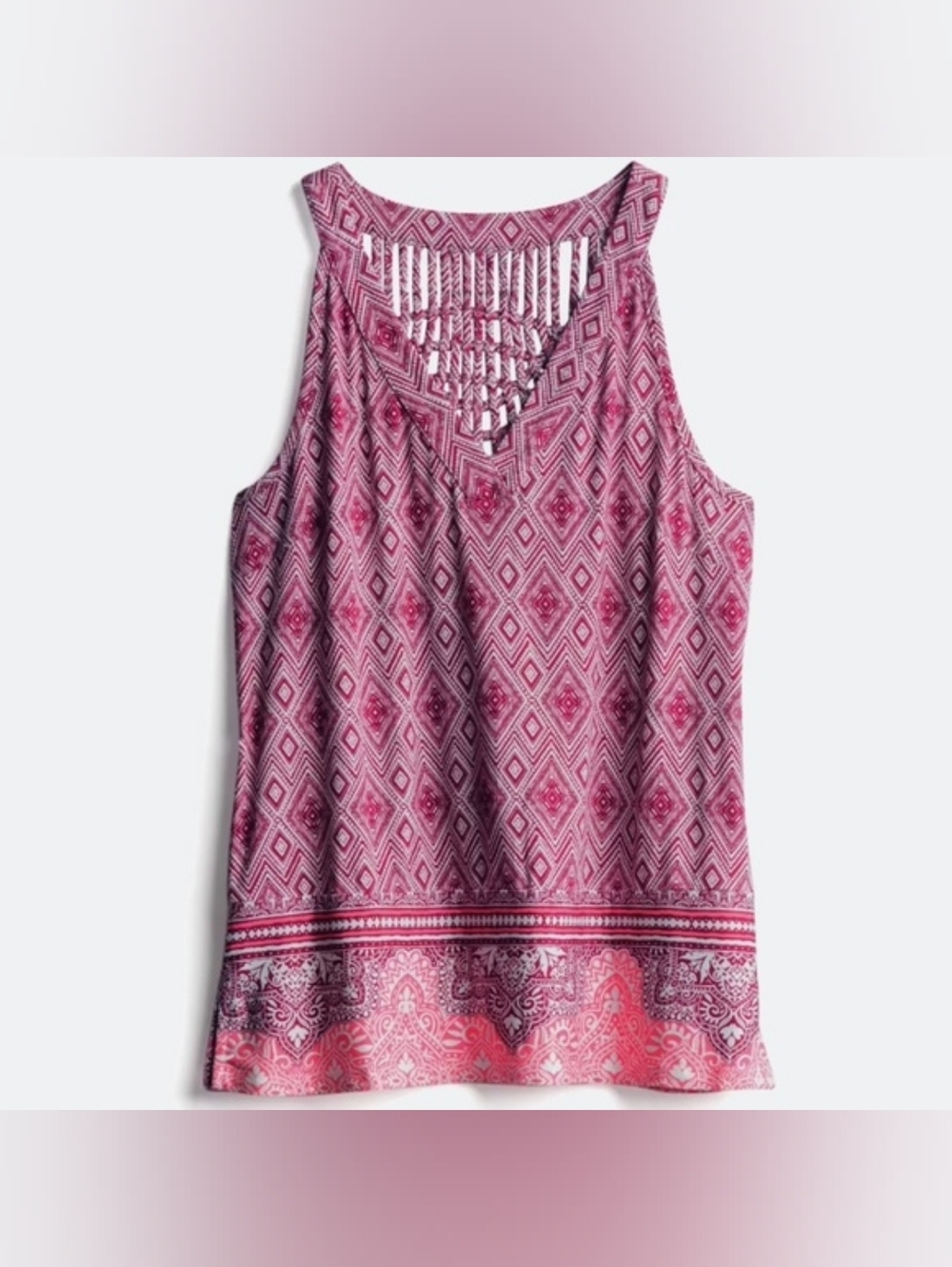 Skies Are Blue Red & Pink Geometric Ladder-Back Flowy Unique V Neck Tank Top XS